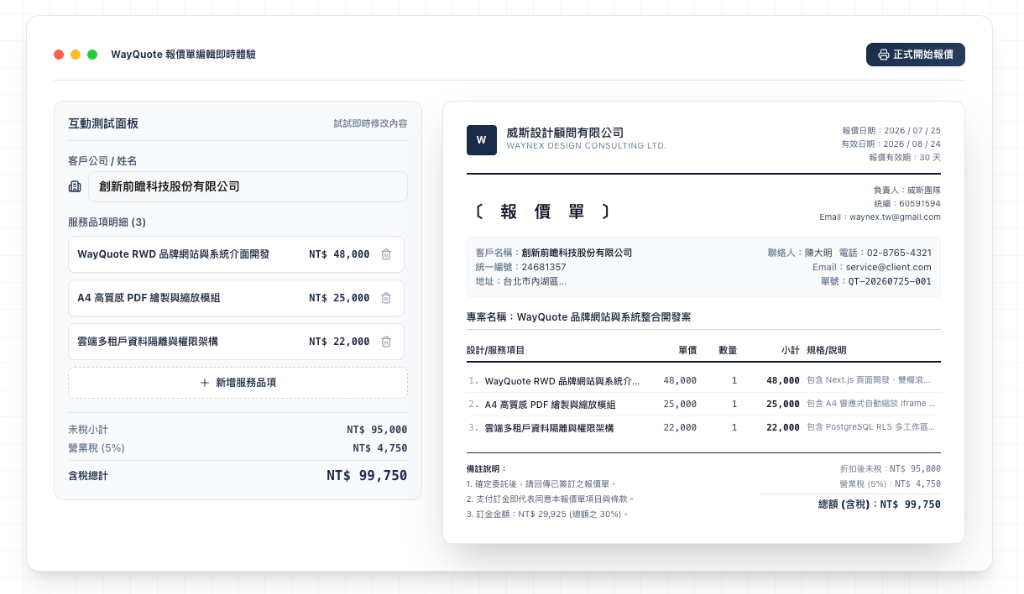 WayQuote Online Quotation System Interface Showcase